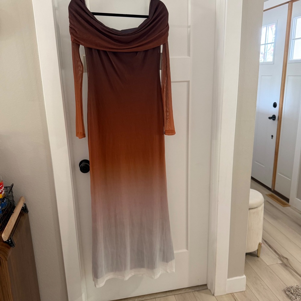 Bardot Saphia Mesh Maxi Dress Brown Ombre Off Shoulder Long Sleeve Large Boho